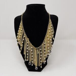 Amrita Singh Gold Tone Chainlink Bib Statement Necklace with Faux Pearl Drop